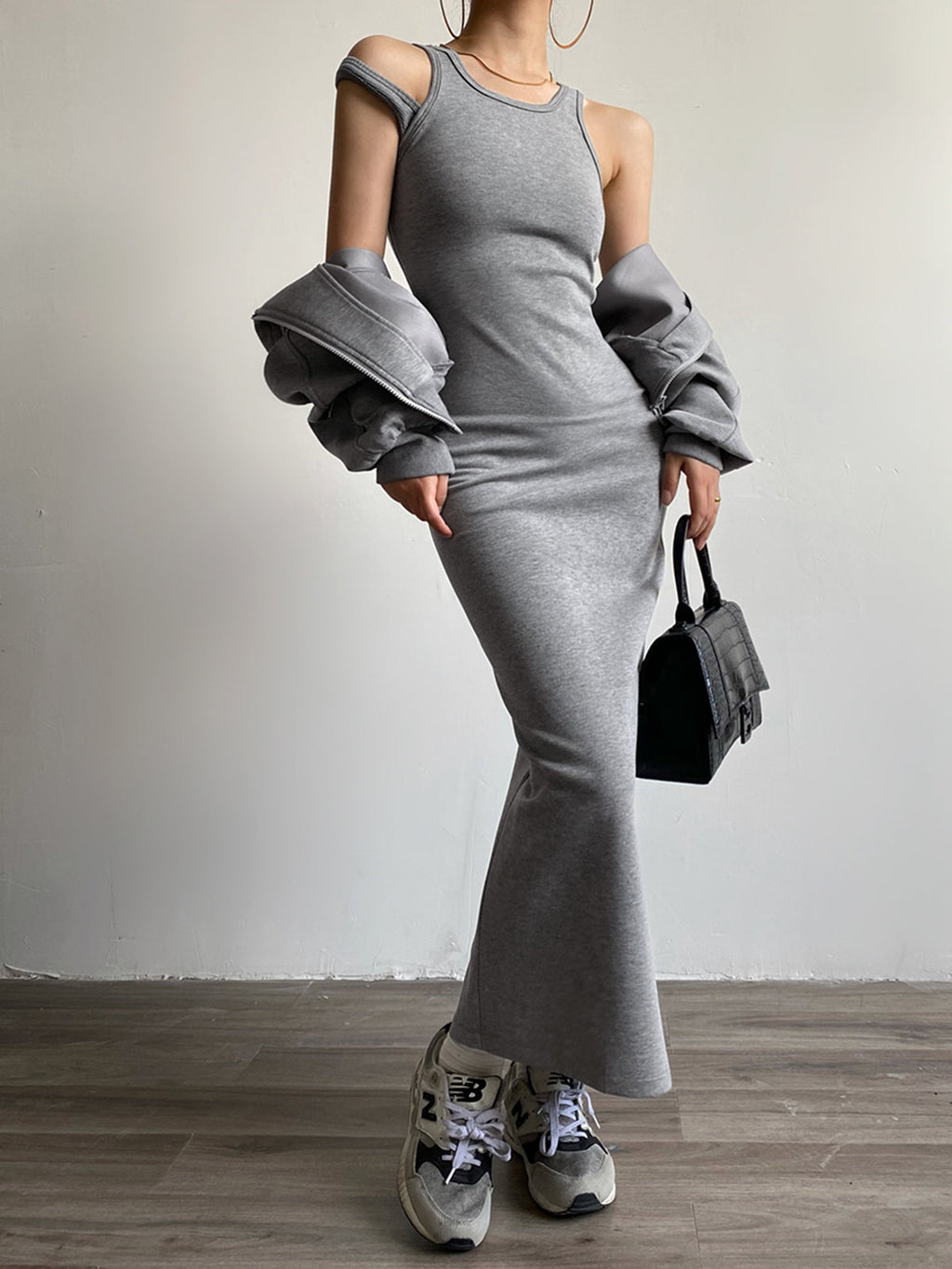 Asymmetrical Crew Neck Split Maxi Dress with Long Sleeves and Belt