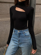 Asymmetric Cut Out Turtleneck Long Sleeve Slinky Top for Women, Chic Casual Wear