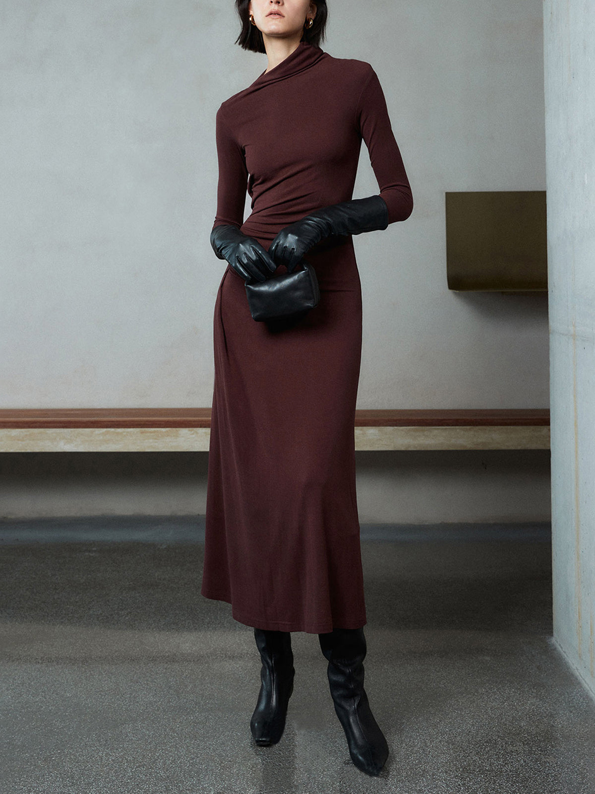 Bodycon Asymmetrical Neck Long Sleeve Ruched Maxi Dress for Evening Events