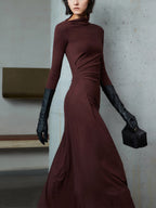 Bodycon Asymmetrical Neck Long Sleeve Ruched Maxi Dress for Evening Events