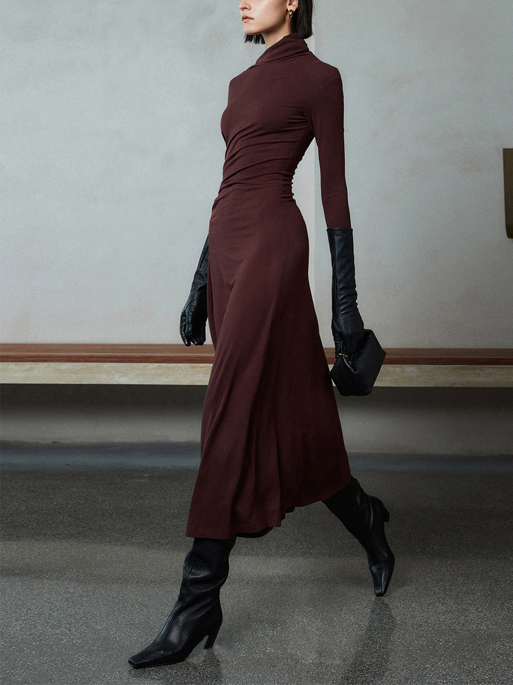 Bodycon Asymmetrical Neck Long Sleeve Ruched Maxi Dress for Evening Events