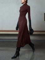 Bodycon Asymmetrical Neck Long Sleeve Ruched Maxi Dress for Evening Events
