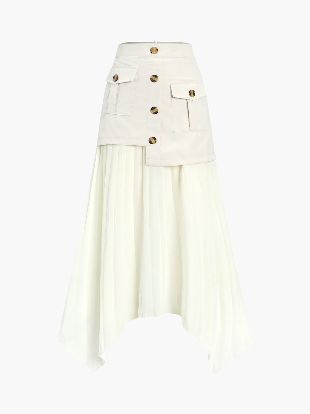 Patchwork Asymmetrical Pleated Buttoned Midi Skirt with High Waist Design