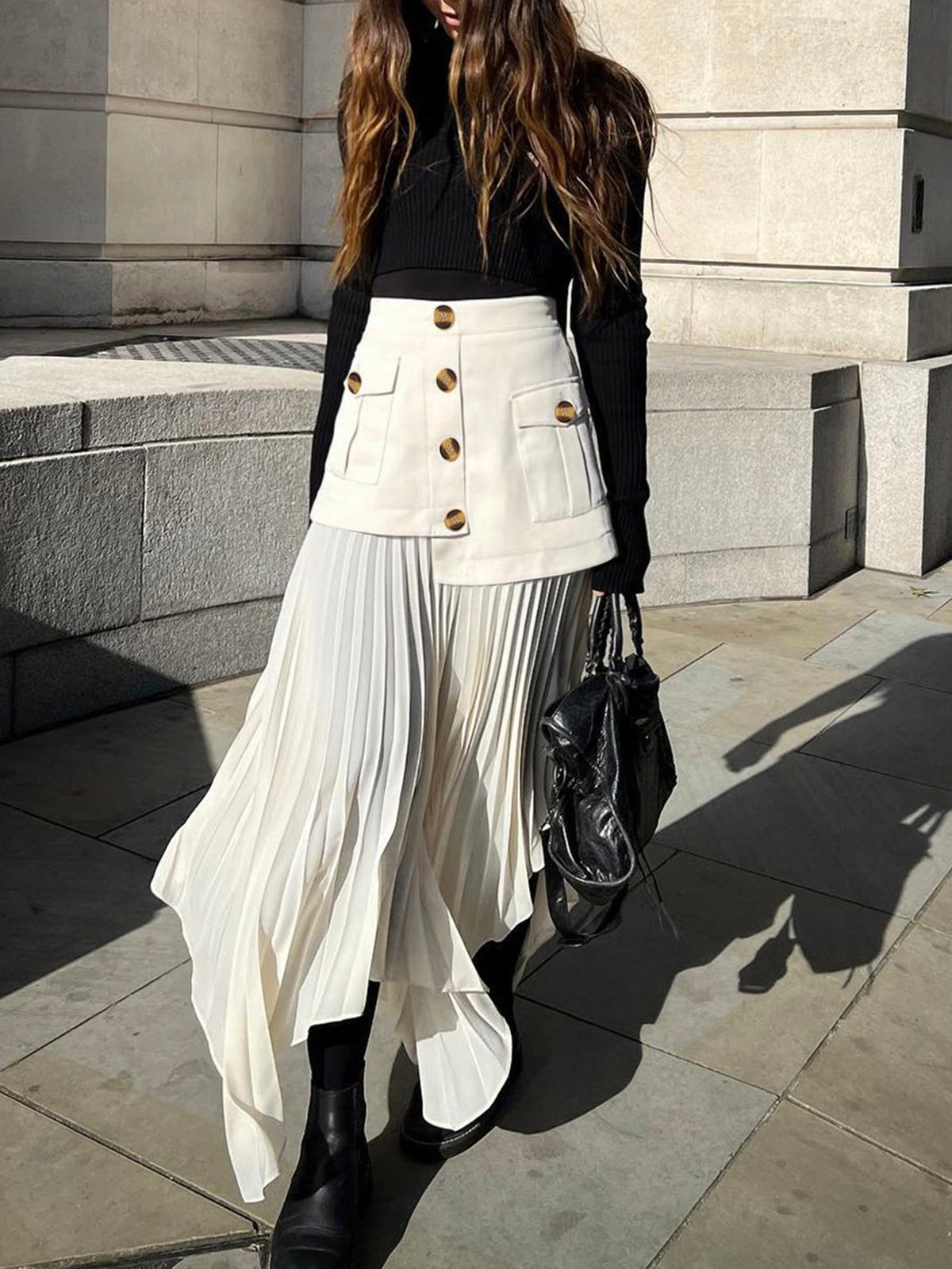 Patchwork Asymmetrical Pleated Buttoned Midi Skirt with High Waist Design