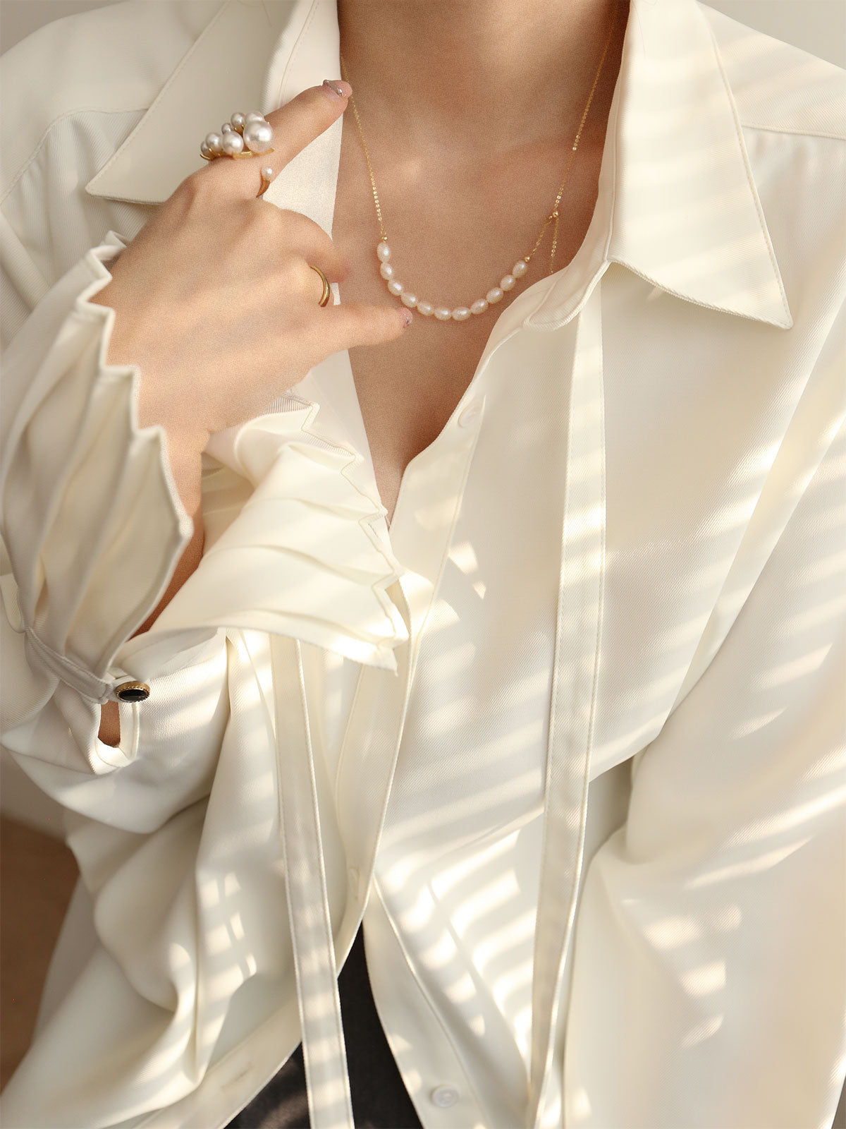 Pleated Cuff Collar Tied Button Shirt with Elegant Long Sleeves