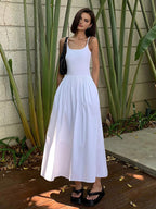 Patchwork Pockets Cotton Cami Midi Dress for Women Casual Summer