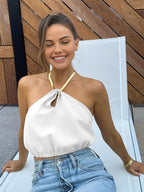 Semi-Sheer Halter Crop Sleeveless Top for Summer Casual Wear