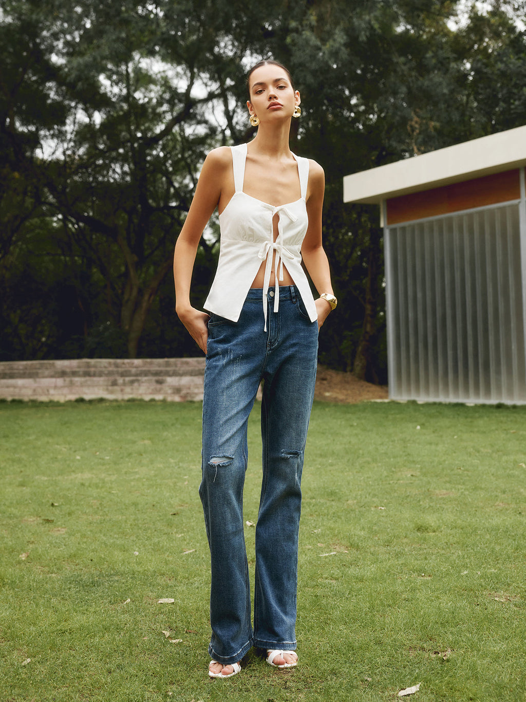 Cotton & Linen Knotted Bow Detail Strappy Top for Summer Casual Wear