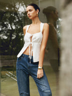 Cotton & Linen Knotted Bow Detail Strappy Top for Summer Casual Wear