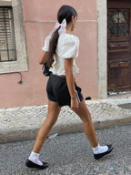 Semi-Sheer Keyhole Neckline Tie-Front Peplum Top for Women with Ruffle Sleeves