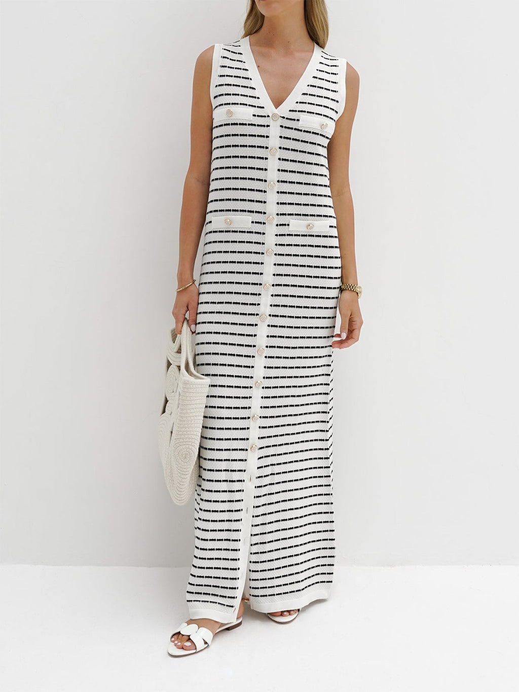 Striped Metal Button Long Sweater Dress Cozy Winter Fashion