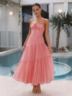 Semi-Sheer Back Smocking Design Tiered Cami Long Dress for Women Summer 2023