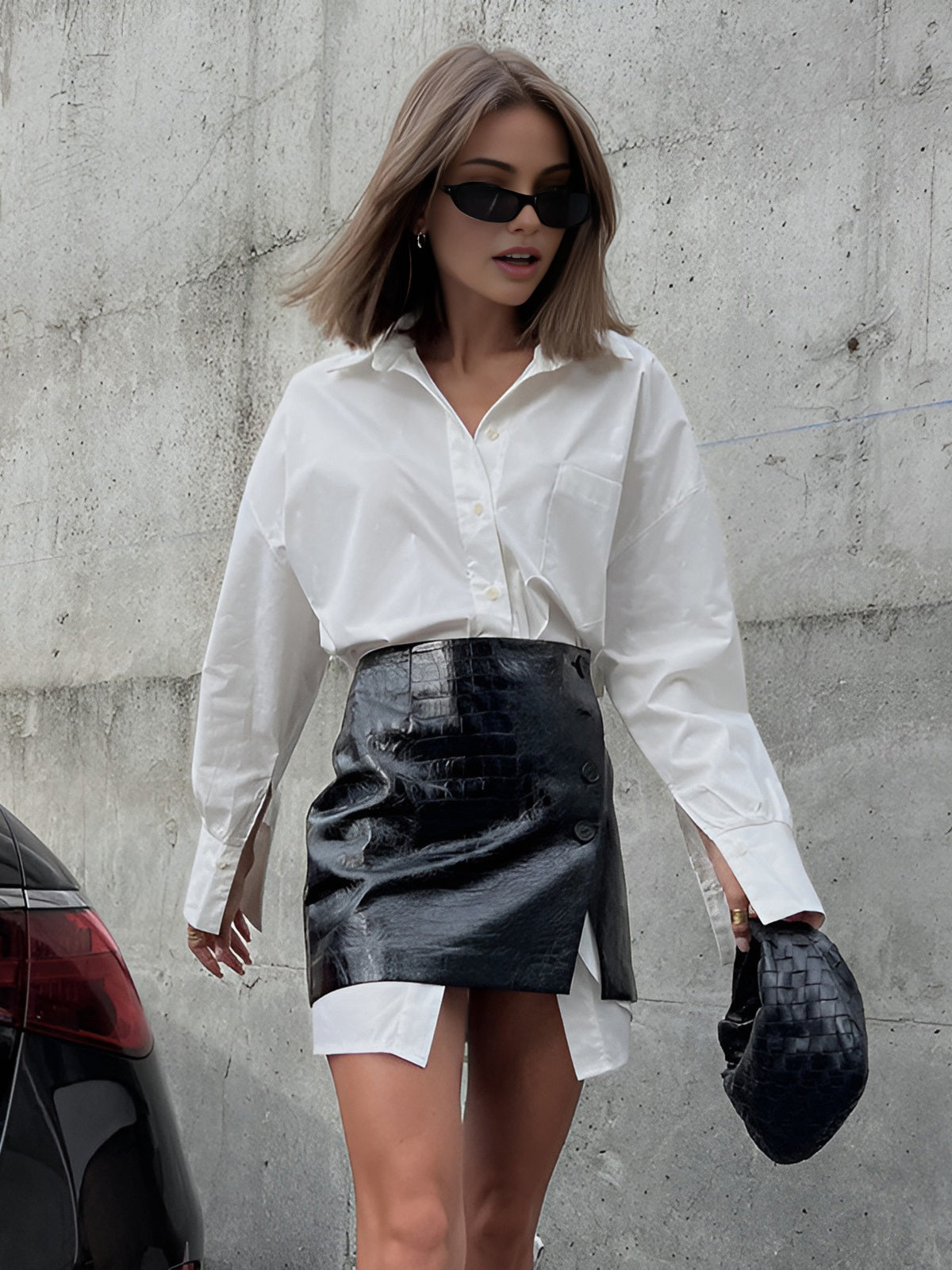 Casual Solid Shirt and Faux Leather Mini Skirt Set for Women's Trendy Outfits