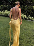 Semi-Sheer Satin Asymmetrical One Shoulder Long Dress Elegant Evening Gown
