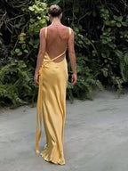 Semi-Sheer Satin Asymmetrical One Shoulder Long Dress Elegant Evening Gown