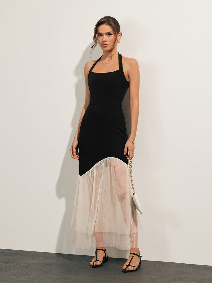 Tulle-Hem Slim Halter Long Dress for Elegant Evening Wear