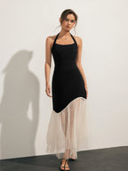 Tulle-Hem Slim Halter Long Dress for Elegant Evening Wear
