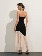 Tulle-Hem Slim Halter Long Dress for Elegant Evening Wear