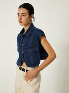 Denim Pockets Turn Down Collar Vest with Button-Up Front