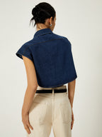 Denim Pockets Turn Down Collar Vest with Button-Up Front