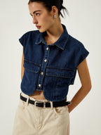 Denim Pockets Turn Down Collar Vest with Button-Up Front
