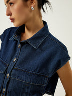 Denim Pockets Turn Down Collar Vest with Button-Up Front