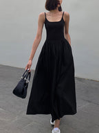 Patchwork Pockets Cotton Cami Midi Dress for Women Casual Summer