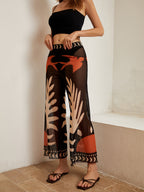 Bird Print Sheer Mesh Pants with Elastic Waistband