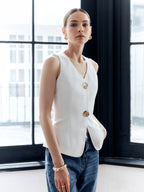 Cotton & Linen Metal Button Solid Vest Casual Layering Piece