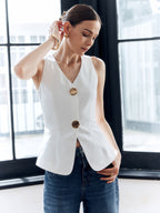 Cotton & Linen Metal Button Solid Vest Casual Layering Piece