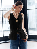 Cotton & Linen Metal Button Solid Vest Casual Layering Piece