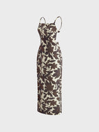 Backless Print Split Zipper Dress Flowy Beachwear Maxi Style
