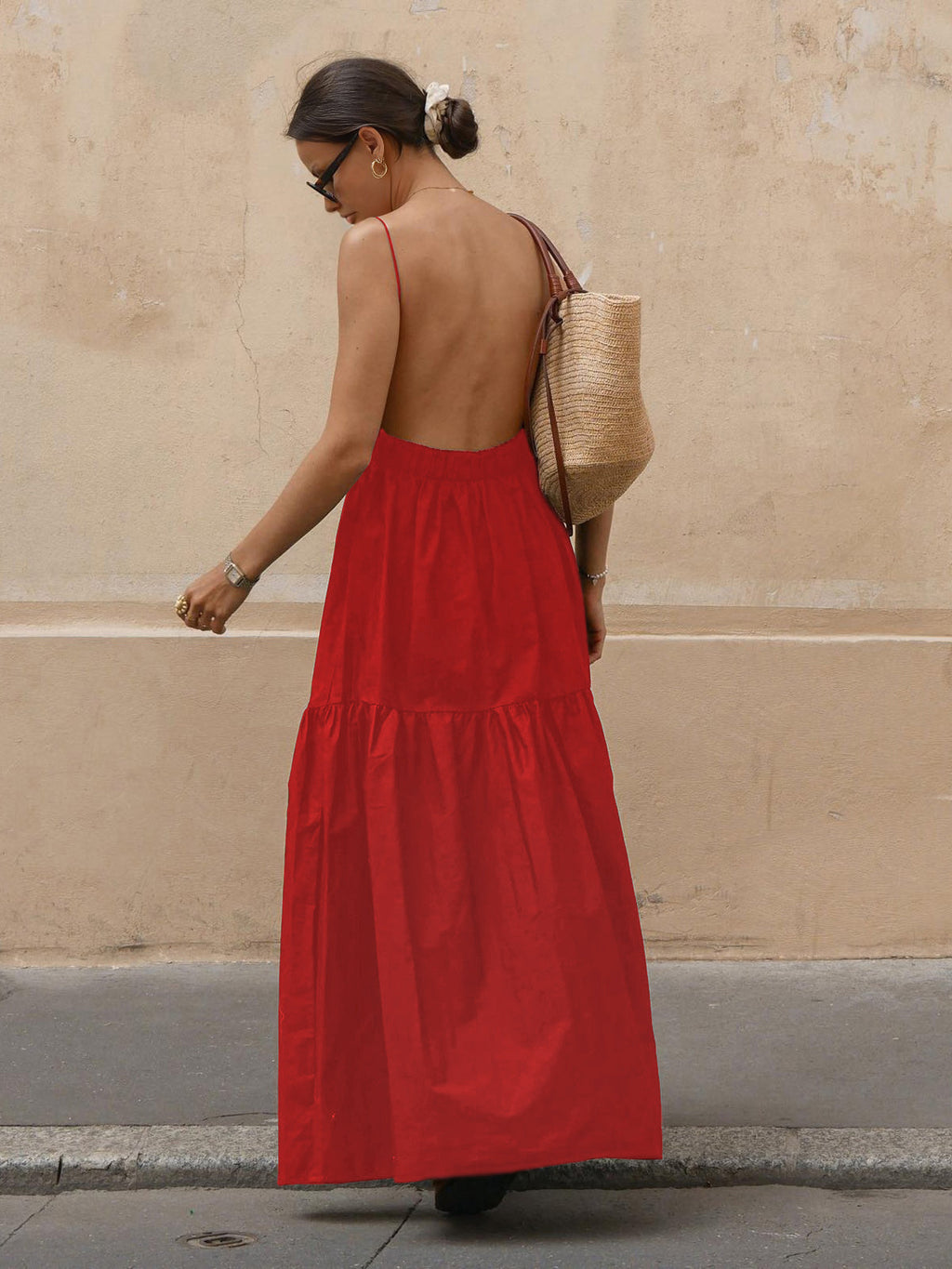 Solid Backless Long Dress with Elegant Flowing Skirt