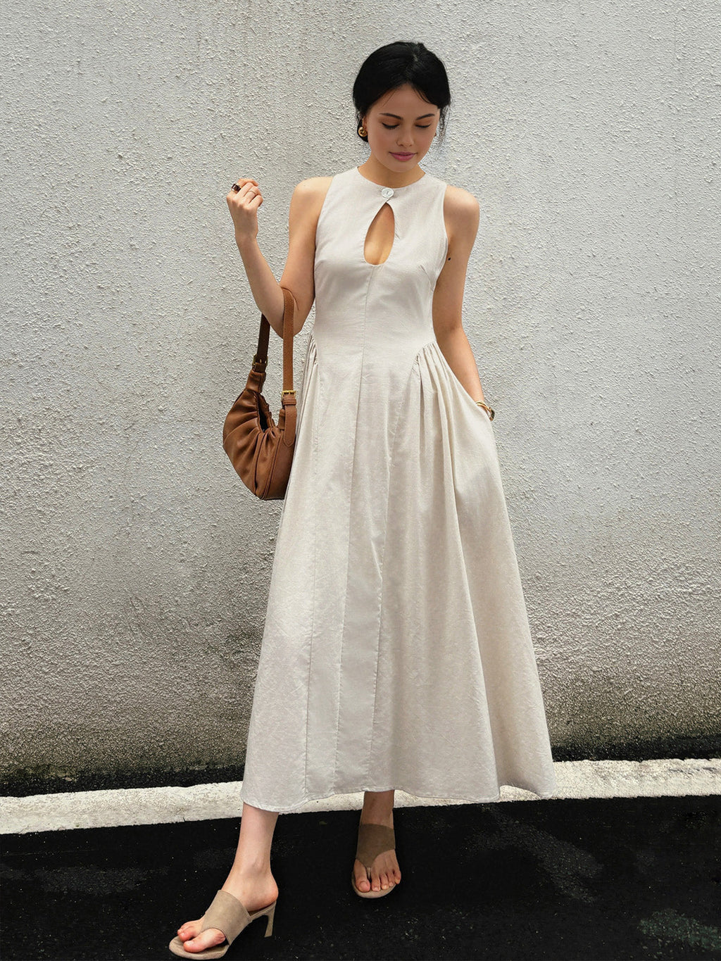 Cotton & Linen Pleated Cutout Long Dress - Women's Elegant Summer Maxi