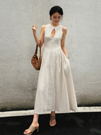Cotton & Linen Pleated Cutout Long Dress - Women's Elegant Summer Maxi