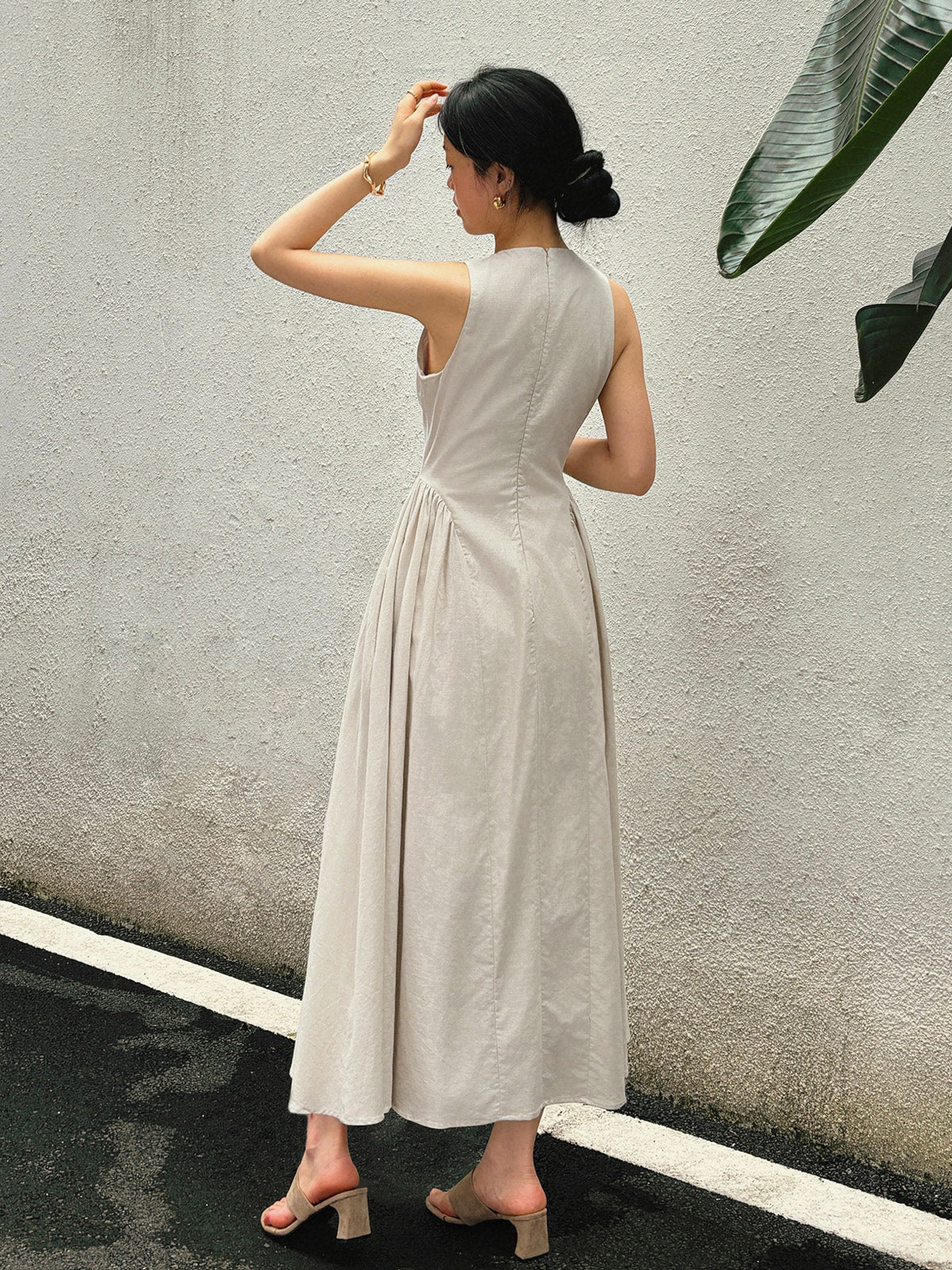 Cotton & Linen Pleated Cutout Long Dress - Women's Elegant Summer Maxi