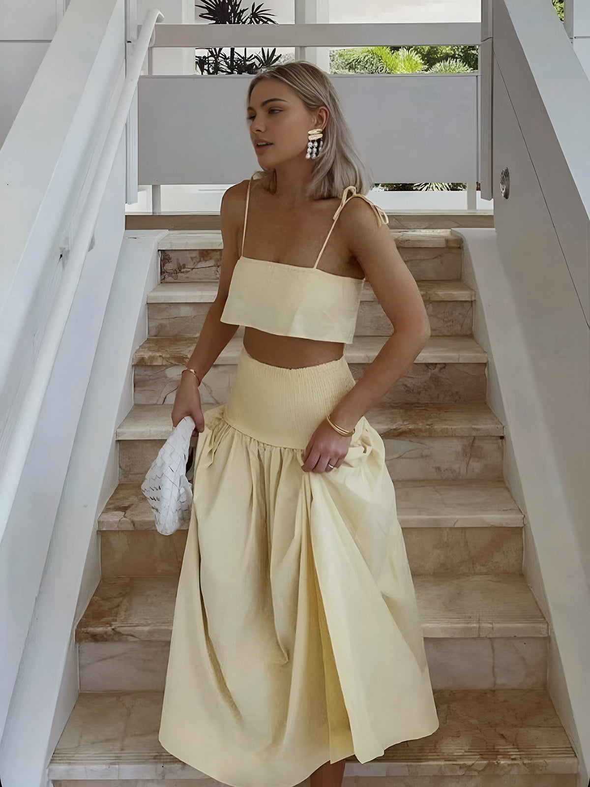 Shirred Waist Split Thigh Skirt Set with Matching Top