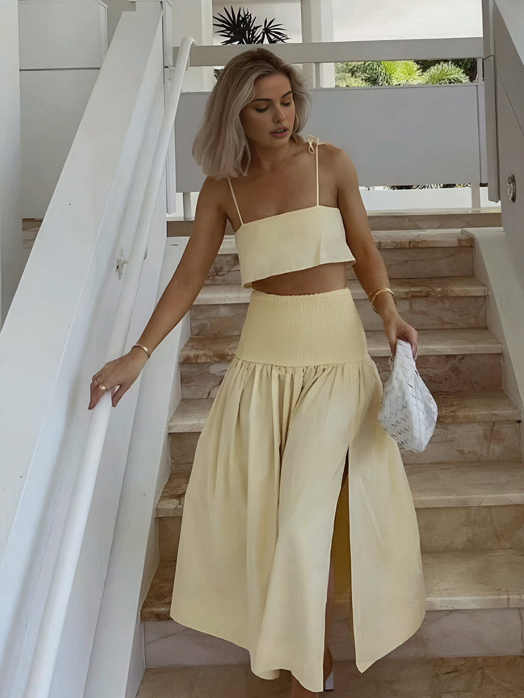 Shirred Waist Split Thigh Skirt Set with Matching Top