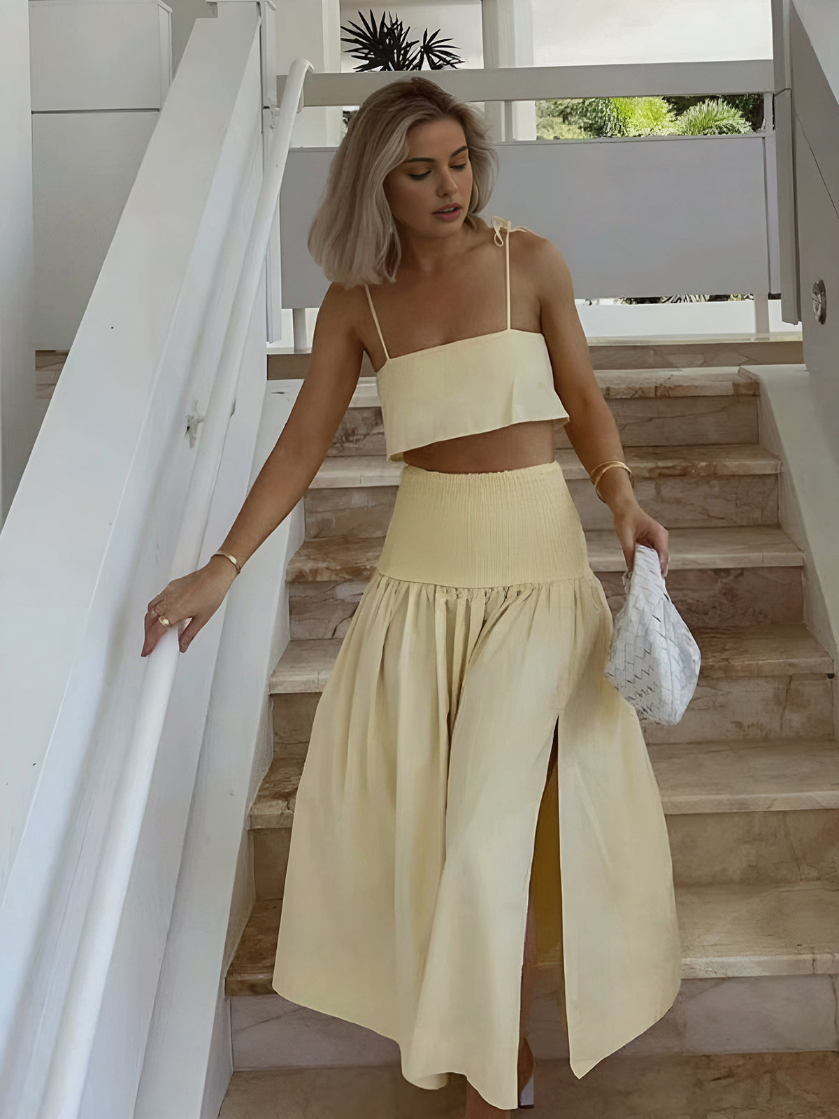 Shirred Waist Split Thigh Skirt Set with Matching Top