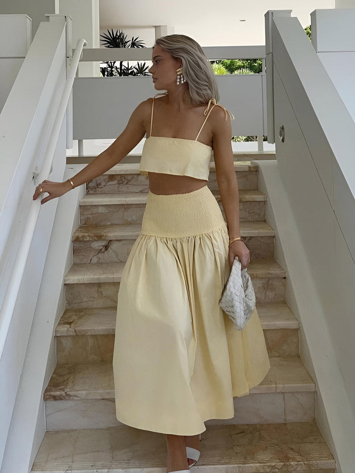 Shirred Waist Split Thigh Skirt Set with Matching Top
