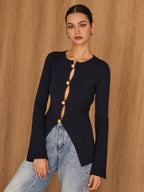 Golden Button Split Knit Top Cozy Long Sleeve Casual Wear