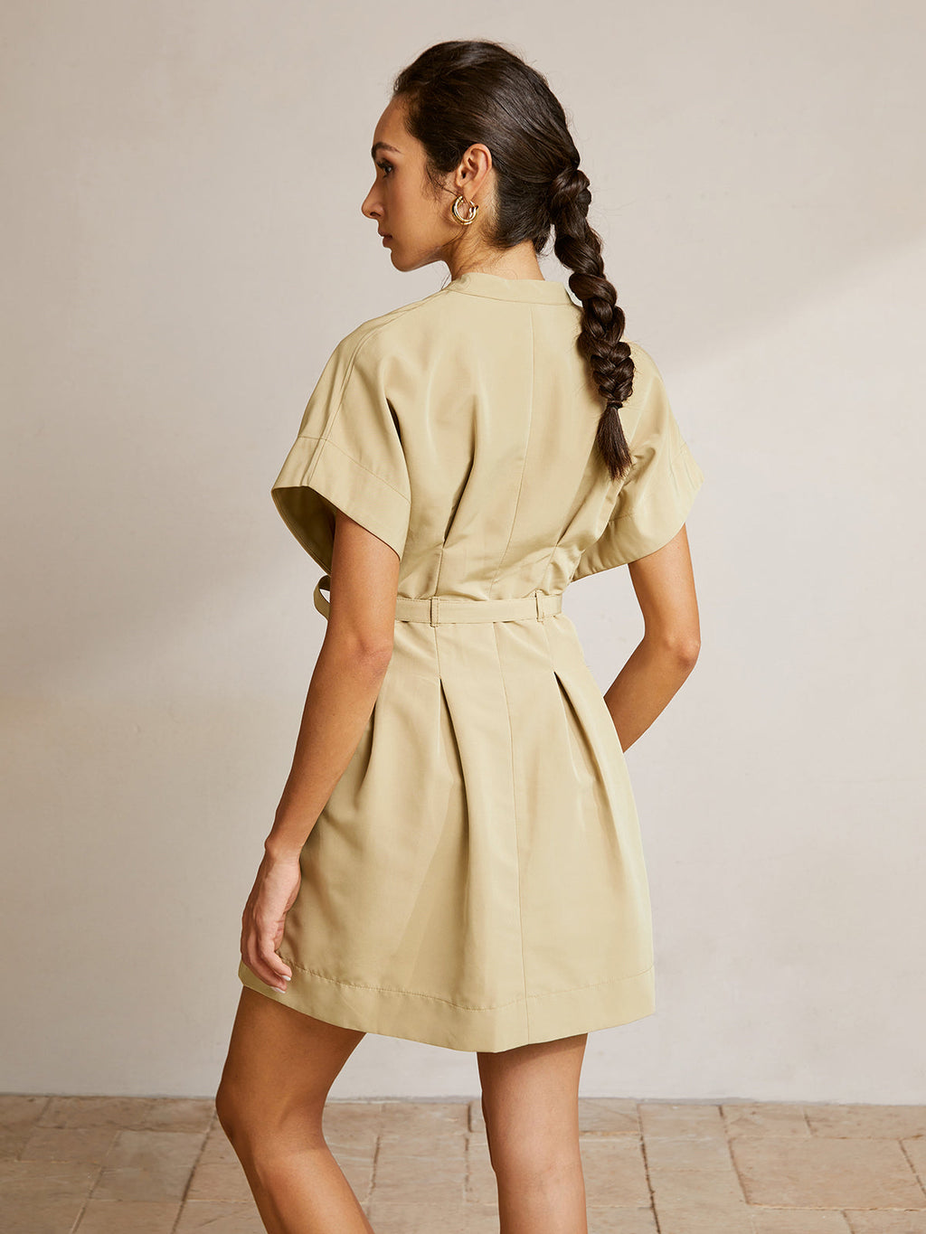 Stand Collar Short Dress With Belt and Elegant Sleeve Detail