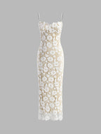 Semi-Sheer Double Layer Lace Cami Dress with Adjustable Straps