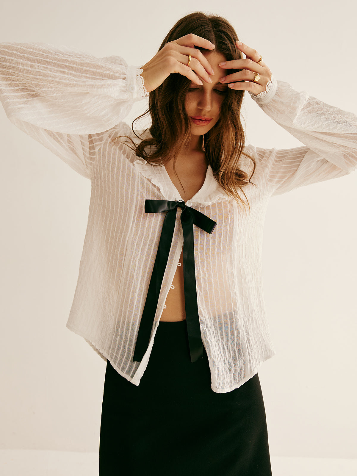 Ruffle Neck Pinstripe Semi-Sheer Shirt for Women Casual Workwear