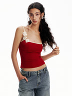 Floral Contrast Trim Bodycon Cami Top with Adjustable Straps