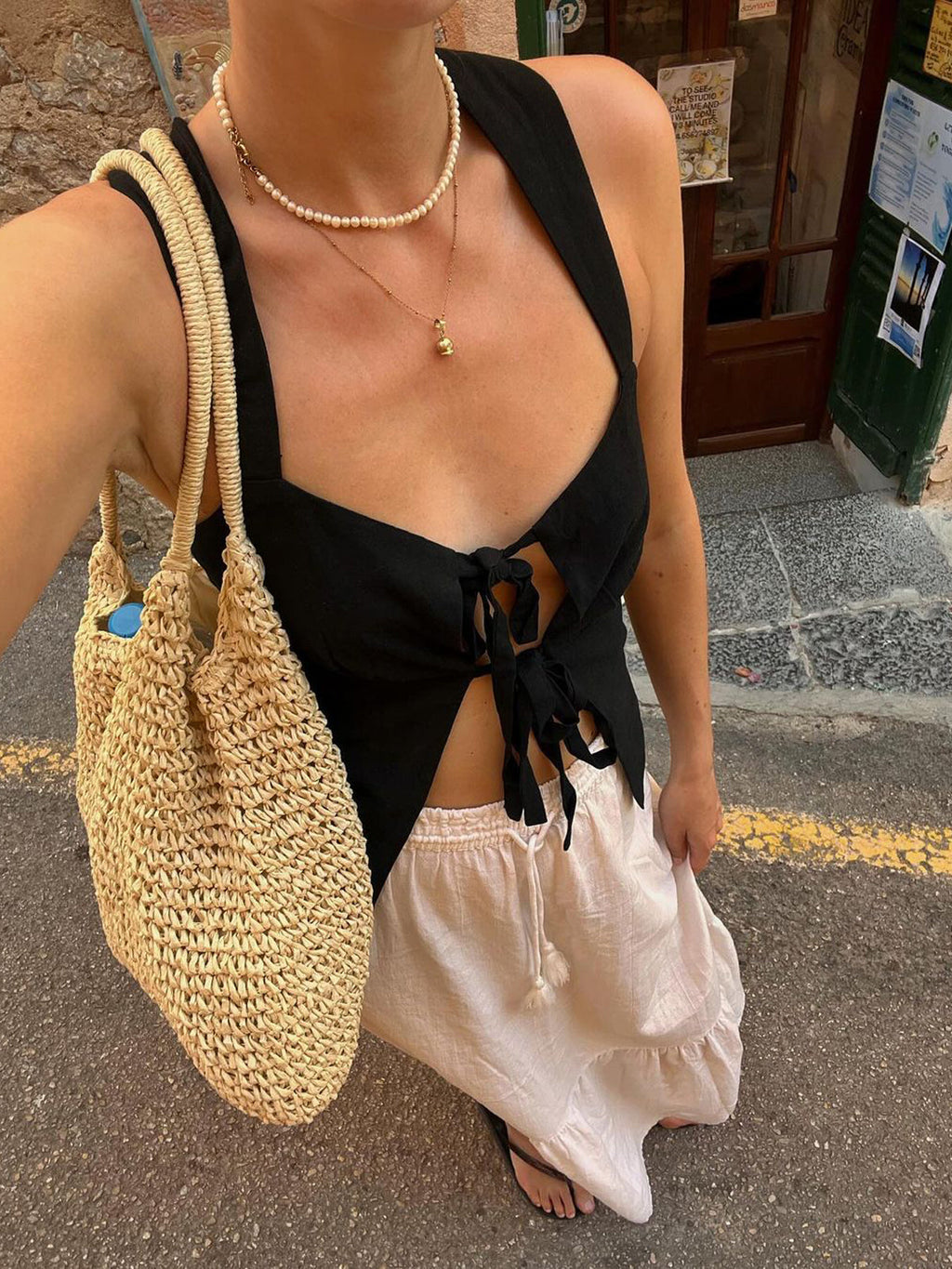 Cotton & Linen Knotted Bow Detail Strappy Top for Summer Casual Wear