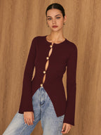 Golden Button Split Knit Top Cozy Long Sleeve Casual Wear