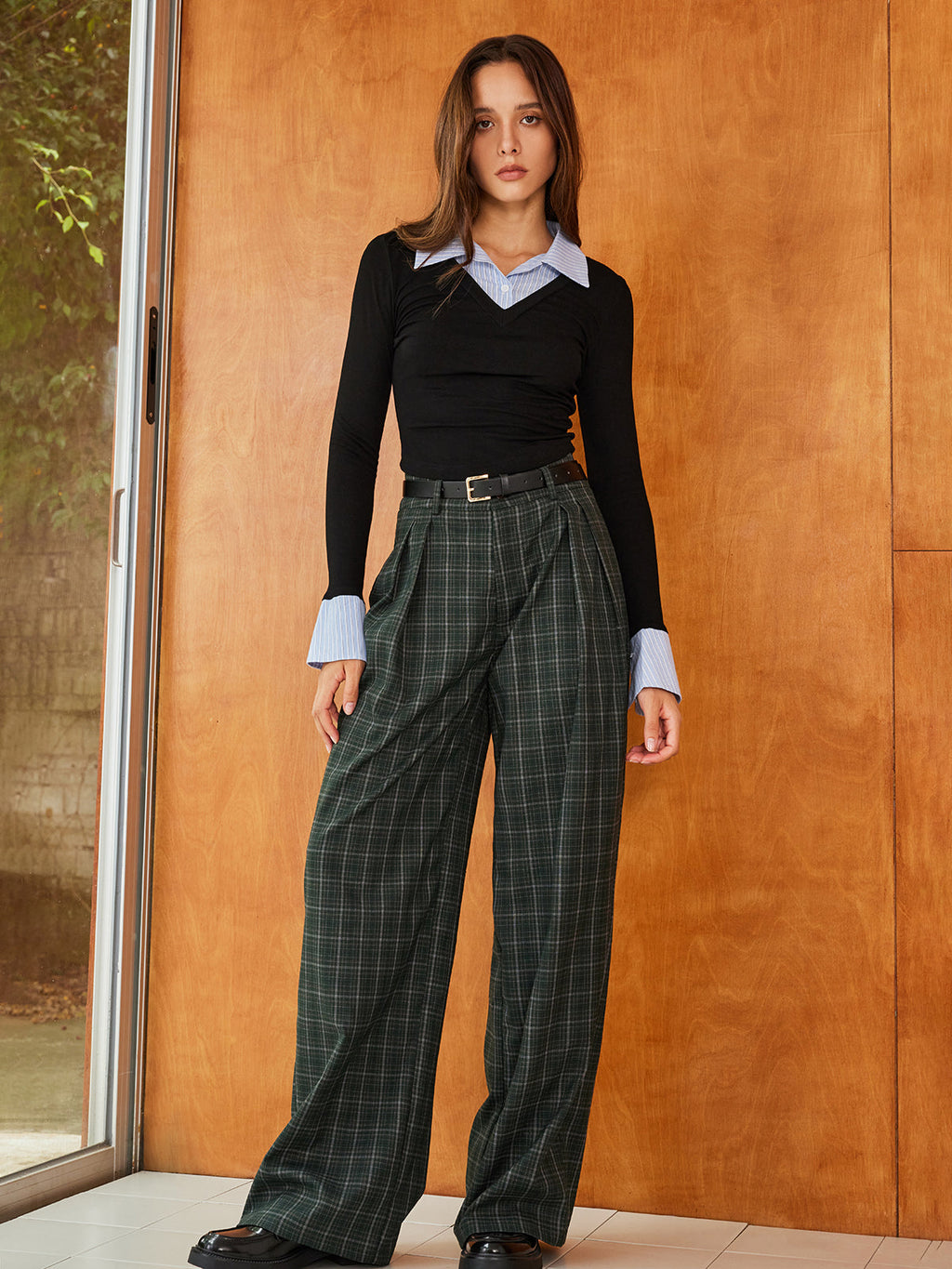 Vintage Plaid Belted Wide-Leg Pants for Women High Waist