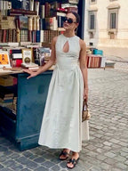 Cotton & Linen Pleated Cutout Long Dress - Women's Elegant Summer Maxi