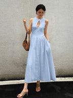 Cotton & Linen Pleated Cutout Long Dress - Women's Elegant Summer Maxi
